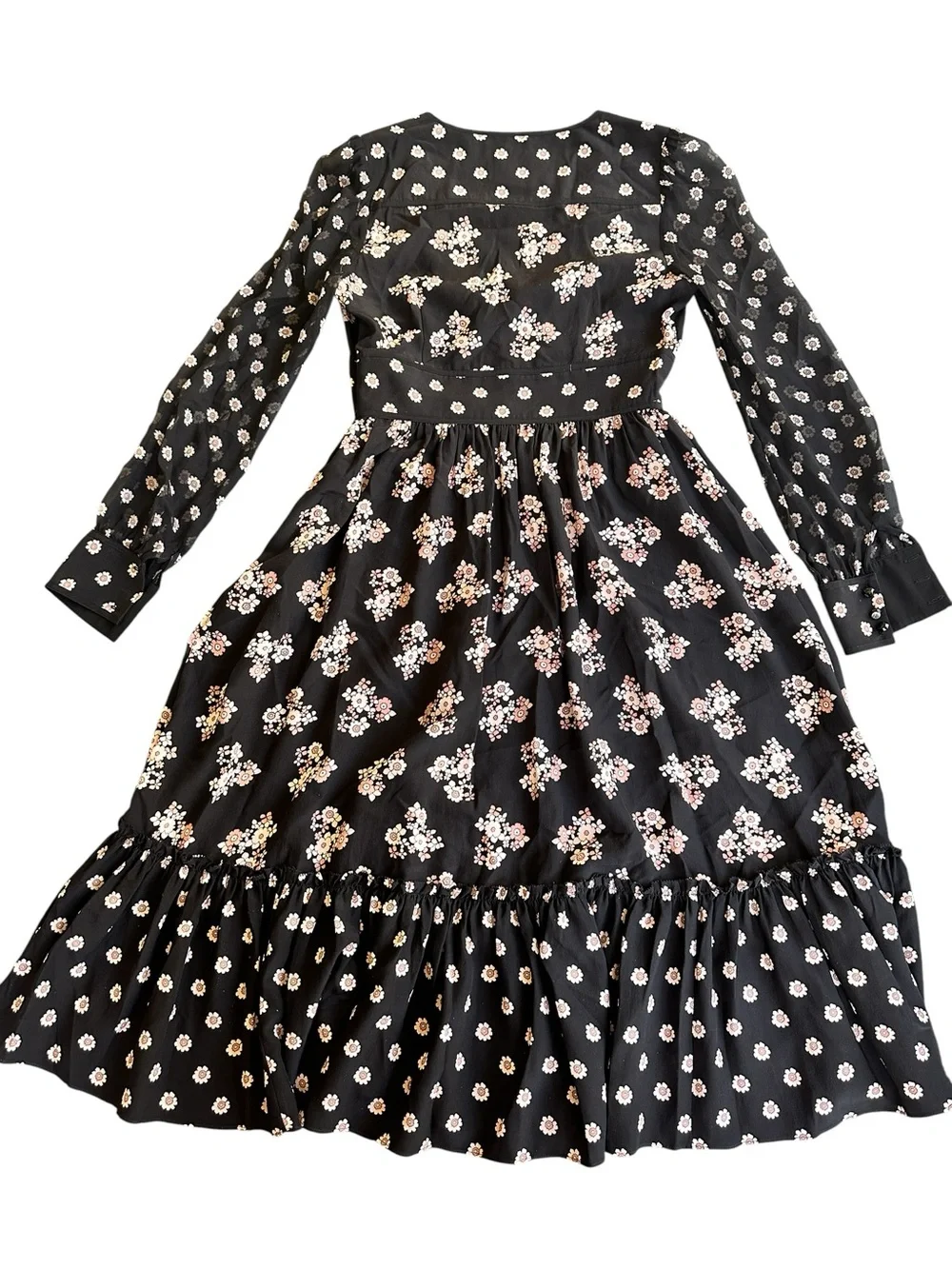 Kate Spade New York 100% Silk Black Floral Midi Dress Tassel Tie Size 0